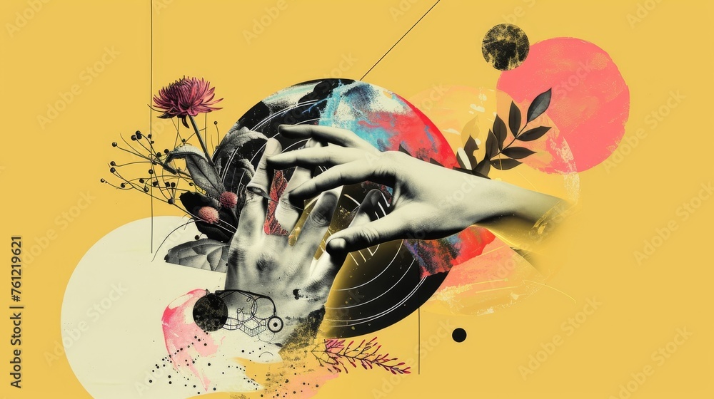 Poster an illustration in modern format featuring a hand with a circular diagram with textures and doodles.