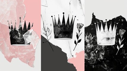 Black and white vintage crowns with halftone effect for collages. Dadasm style modern illustration.