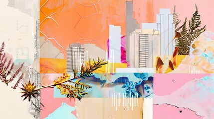 In this modern illustration kit, you'll find collage elements of houses in halftone style. In this kit, we have skyscrapers cut out from magazines with colorful fire doodles on a transparent