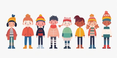 Variety of cartoon vector children in colorful outfits. A diverse group of cartoon children standing in row wearing various colorful outfits representing different styles and personalities  - obrazy, fototapety, plakaty