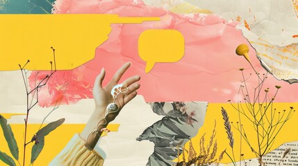 The collage banner is illustrated with a hand reaching for the Speech Bubble. Yellow text with cut outs, yellow doodles in halftone processing. Trendy modern illustration.