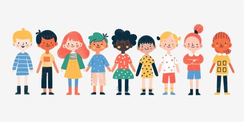Fototapeta premium Variety of cartoon vector children in colorful outfits. A diverse group of cartoon children standing in row wearing various colorful outfits representing different styles and personalities 