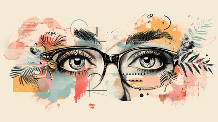 Fashion elements. Halftone style glasses on women's eyes. Retro collage modern illustration