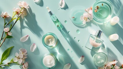 A beautifully arranged selection of skincare products amidst vibrant flowers on a blue backdrop. - obrazy, fototapety, plakaty