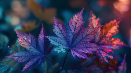 Autumnal Hues on Holographic Maple Leaves with Dew