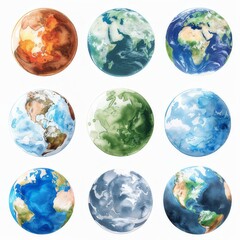 Clipart illustration with various representations of the planet Earth on a white background. - obrazy, fototapety, plakaty