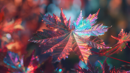Holographic Iridescent Maple Leaf in Ethereal Autumn Light