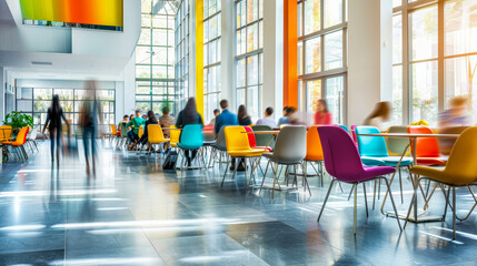 Blurred people walking in modern hall with colorful chairs