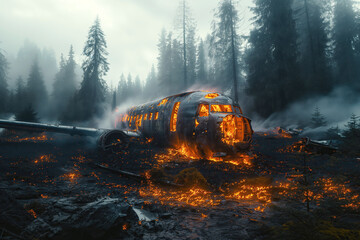 burning and smoking passenger plane that crashed - obrazy, fototapety, plakaty