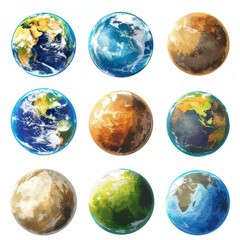 Clipart illustration with various representations of the planet Earth on a white background. - obrazy, fototapety, plakaty