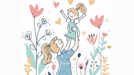 A mom lifts her child up high with a hand drawn doodle style modern illustration.