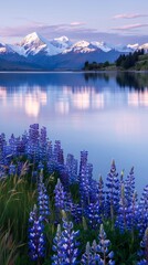 Lake Surrounded by Purple Flowers With Mountain in Background