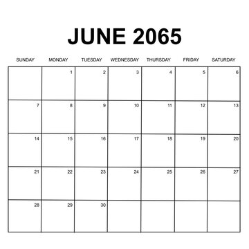 june 2065. monthly calendar design. week starts on sunday. printable, simple, and clean vector design isolated on white background.