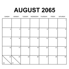 august 2065. monthly calendar design. week starts on sunday. printable, simple, and clean vector design isolated on white background.