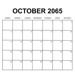 october 2065. monthly calendar design. week starts on sunday. printable, simple, and clean vector design isolated on white background. - obrazy, fototapety, plakaty