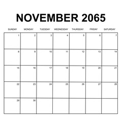 november 2065. monthly calendar design. week starts on sunday. printable, simple, and clean vector design isolated on white background. - obrazy, fototapety, plakaty