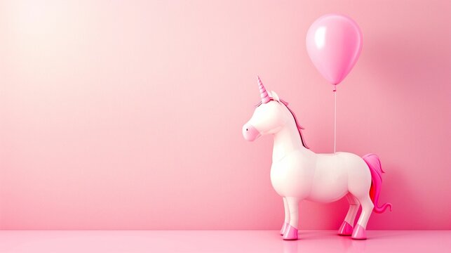 pink monochrome background and an inflated unicorn and balloom