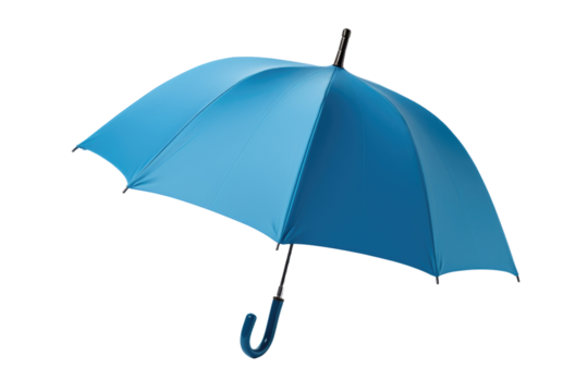 Blue Umbrella With Black Handle on White Background. On a White or Clear Surface PNG Transparent Background.