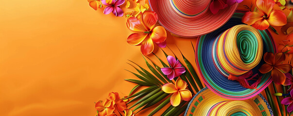 Summer sombrero for Cinco de Mayo holiday party celebration on Orange Background - obrazy, fototapety, plakaty