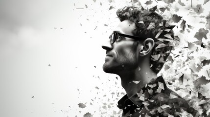 Man with exploding polygonal head on white