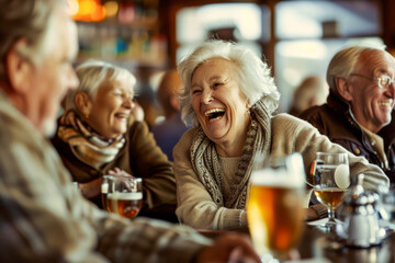Senior people laughing with beers at pub - obrazy, fototapety, plakaty