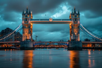 The iconic Tower Bridge in London, England, lit up at night.