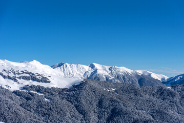 Obraz premium Beautiful landscape of the Arkhyz ski resort with mountains, snow, forest on sunny winter day. Caucasus Mountains, Russia.