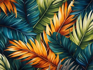 In the background, colorful palm leaves are overlapped and fill the frame.