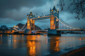 The iconic Tower Bridge in London, England, lit up at night.
