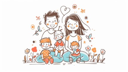 The hand drawn style modern doodle design illustration of a happy family.