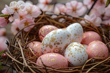 Naklejka na ściany i meble Easter pink, white and gold eggs in nest
