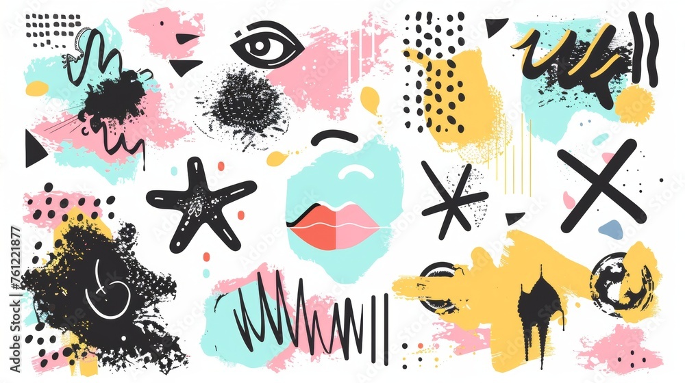 Poster graffiti figures in a negligent style on a transparent background as a png. bright neon shapes. circ