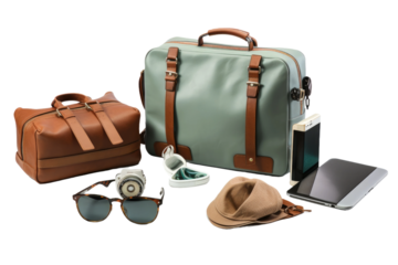 Travel Essentials Arranged on a Table. On a White or Clear Surface PNG Transparent Background.