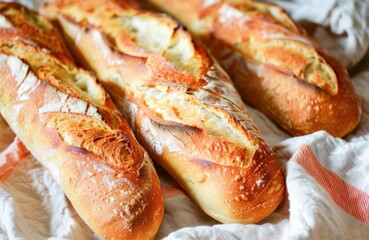 Freshly Baked French Baguettes on a Rustic Kitchen Counter in Natural Light