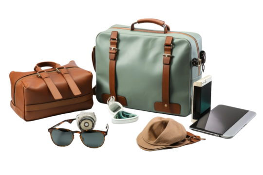 Travel Essentials Arranged on a Table. On a White or Clear Surface PNG Transparent Background.