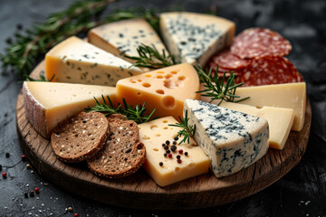 Various types of cheeses on wooden board