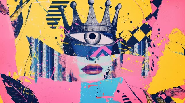 Punk music album cover with crown and eye doodles. Acid pink and yellow. Rave party royalty. Halftone modern illustration. Vibrant colors.
