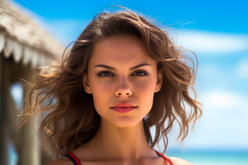 Fototapeta premium Beautiful woman with short curly hair close-up on the beach, portrait