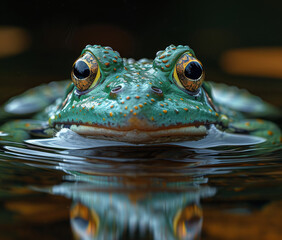 Green frog is sitting in the water with its head above the surface