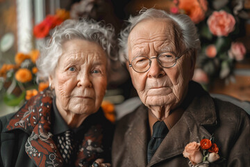 Elderly couple standing close together with loving expressions and matching outfits