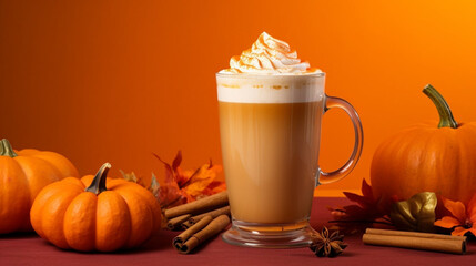 Seasonal pumpkin spice latte isolated on orange background, fall autumn decorative side view composition. Generative AI