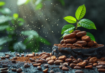 Roasted coffee beans and green leaves on black background