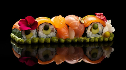 Beautiful sushi rolls Asian food set in a luxury restaurant isolated on a dark background. Generative AI illustration