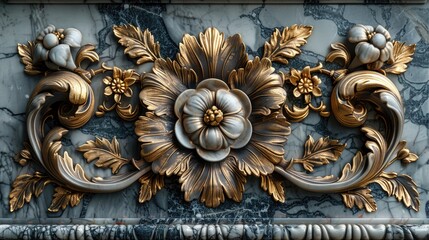 Baroque Style Golden Floral Decorations on Marble Background.