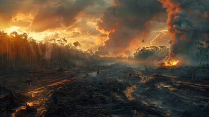  Sunset illuminating a smoky deforested landscape with wandering wildlife and fires ablaze, Concept of environmental destruction and climate change. - obrazy, fototapety, plakaty