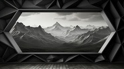 Monochrome mountain landscape in geometric frame