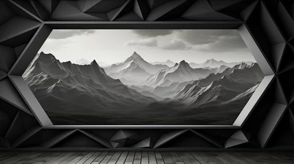 Tuinposter Bergen Monochrome mountain landscape in geometric frame