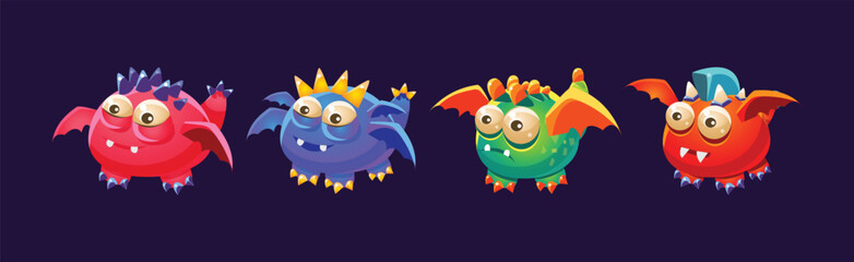 Funny Monster with Bulging Eyes and Wings Vector Set