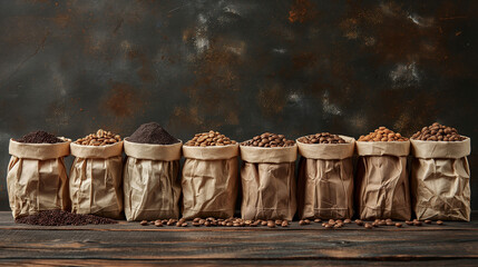 Variety types of coffee beans in brown paper bags on dark wood background