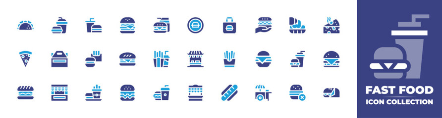 Fast food icon collection. Duotone color. Vector and transparent illustration. Containing fast food, no fast food, take out, burger, food stall, food stand, cheese, sandwich, taco, take away, pizza.